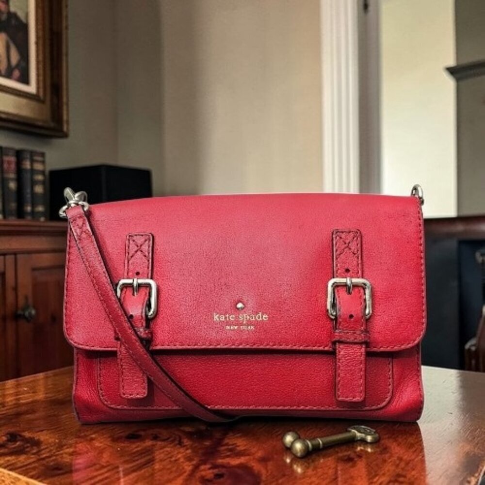 Kate Spade Allen Street Neil Saddle Leather Buckle Flap Red Crossbody Bag COA